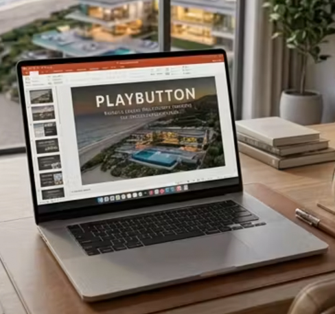 PLAYBUTTON homeowner acquisition pitch deck on a laptop