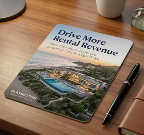 PLAYBUTTON direct mail postcard for vacation rental homeowners